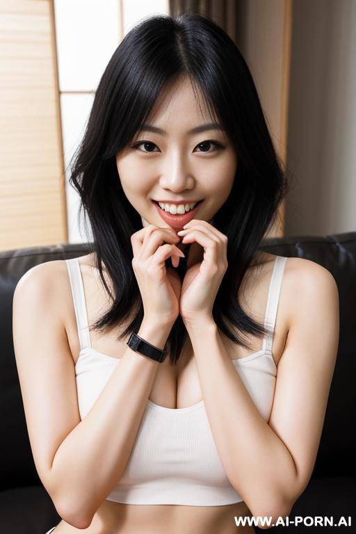 one beautiful japanese womans, perfect smile, modern livingroom, straight black hair, tight crop top and thong - #main