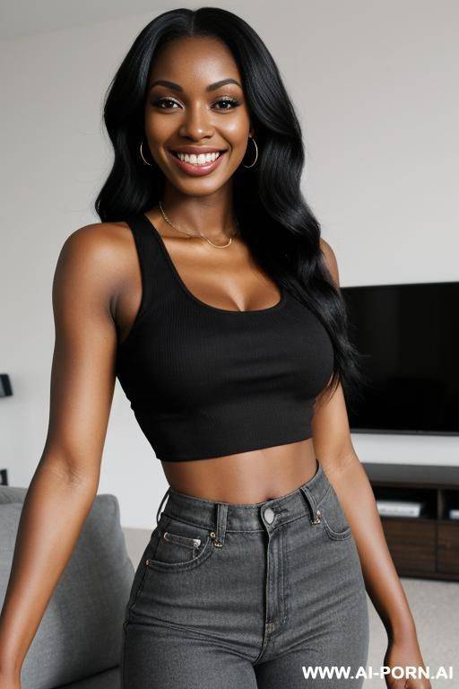 two beautiful black womans, perfect smile, modern livingroom, straight black hair, tight crop top - #main