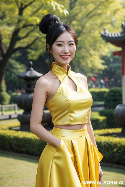 yellow chinese split dress with high collar - #main