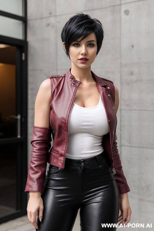 dark red leather jacket, white tank top, black pants with white vertical stripes - #main