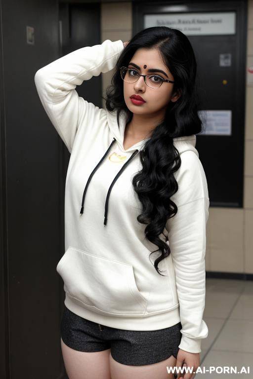 pale skin, cute, beautiful, indian woman, round glasses, shorts, chubby, hoodie - #main