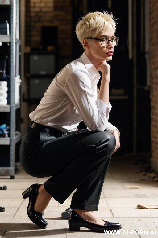slender, glasses, blonde, pixiecut, squatting in mess, pants, shirt, side-view - #main