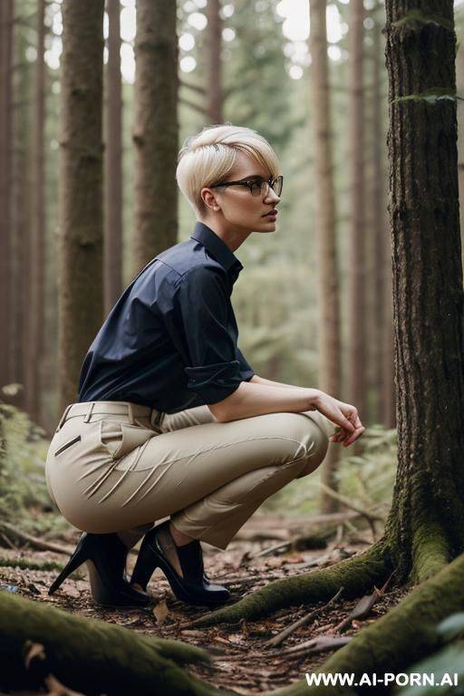 slender, glasses, blonde, pixiecut, squatting in forest mess, pants, shirt, side-view - #main