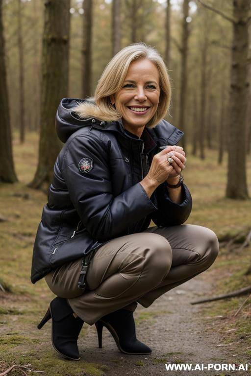 belgium mature woman squatting un wilderness,, pants, jacket, side-view - #main