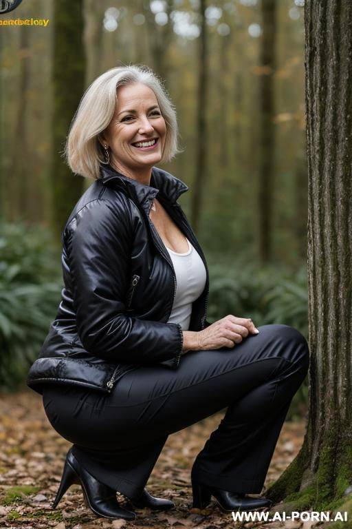 belgium mature woman squatting un underbrush , pants, jacket, side-view - #main