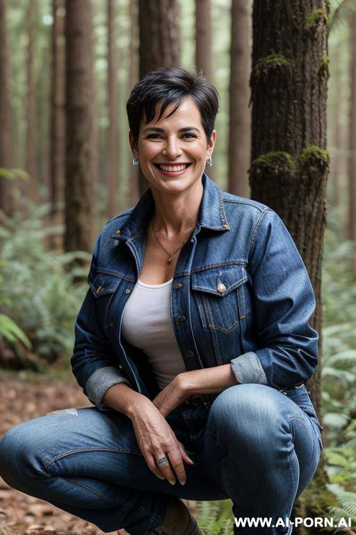 pixiecut, squatting in forest, jeans, shirt, jacket side-view - #main