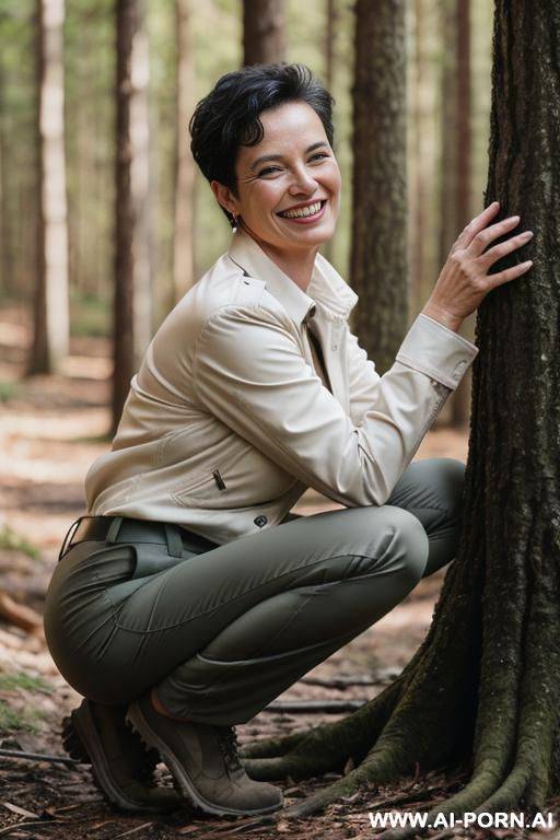 pixiecut, squatting in forest, pants, shirt, jacket side-view - #main