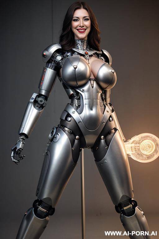 realistic beautiful cyborg robot trans woman big boobs completely made of metal with long legs with boots. with naked boobs and naked big hard dick. - #main