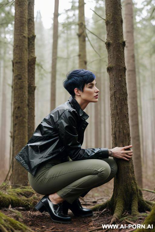 slender, pixiecut, squatting in forest mess, pants, shirt, jacket side-view - #main