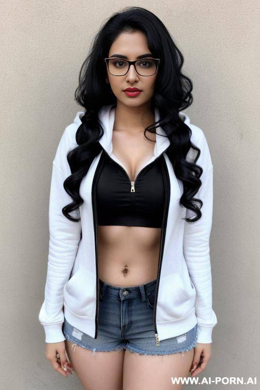 pale skin, cute, beautiful, indian woman, round glasses, flashing tits, no bra, unzip shorts, chubby, flashing navel, hoodie, - #main