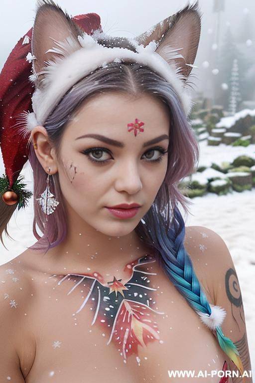 face, sexy, beautiful, ((face painting)), ((bikini as seashell)), ((tattoo roses)), ((eyes shw)), ((angel wings)), ((rainbow hair)), ((long bu hair)), ((wind)), (( cat face)), (( cat ears)), (((feather - #main