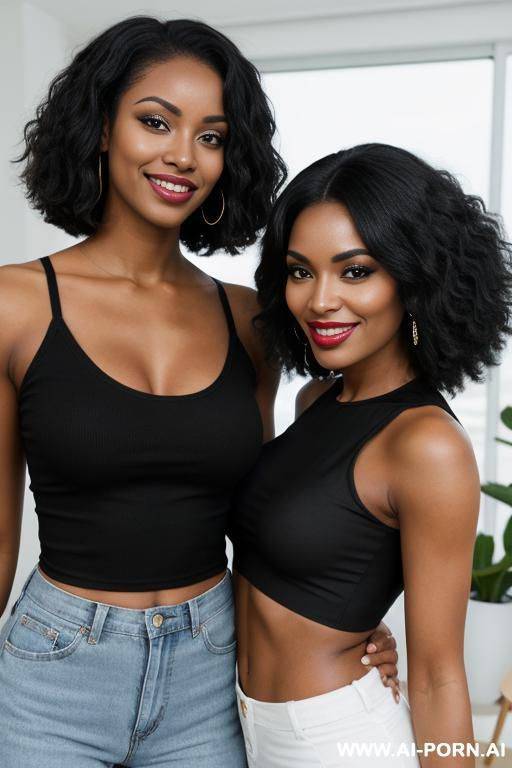 two beautiful black womans, perfect smile, modern livingroom, straight black hair, tight crop top - #main