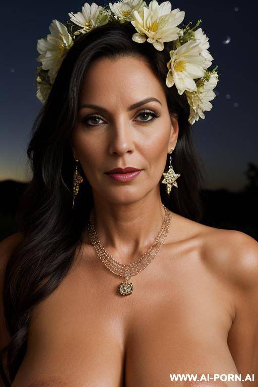 mature, milf, perfect hourglass figure, eye contact, keep the face, looking into camera, necklace, earrings, bracelets, wearing flowers, totally naked, wide hips, night sky and stars - #main