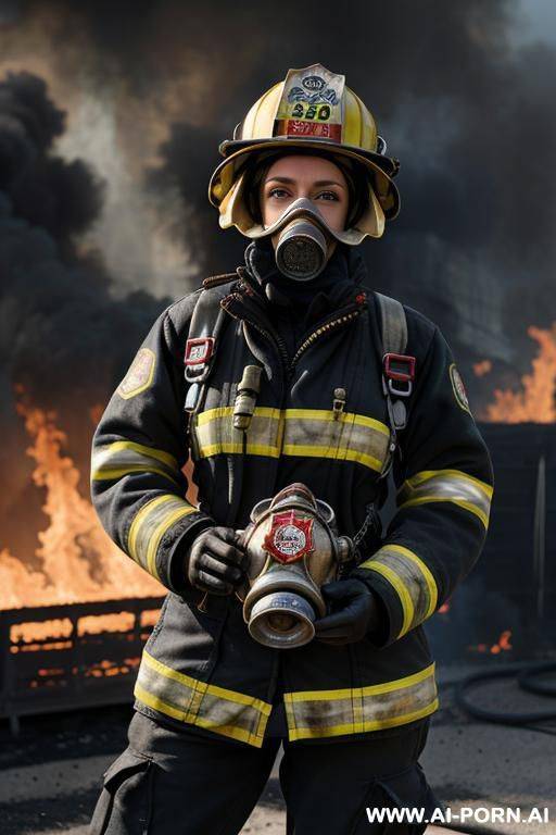 sexy firefighter female in burning house, firefighter gear, firefighter gasmask - #main