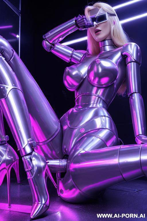 damaged blonde robot, lying on the floor, masturbating furiously with a glass dildo, naked, (huge fake tits:1.3), fit body, ultra-high stripper platform stilettos, burnt skin in chest exposing silver robotic parts and blinking diodes - #main