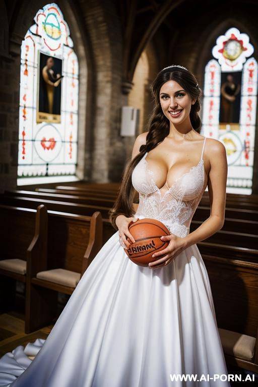 tall female basketball player (((very long hair))) standing in a chapel wearing a wedding dress - #main
