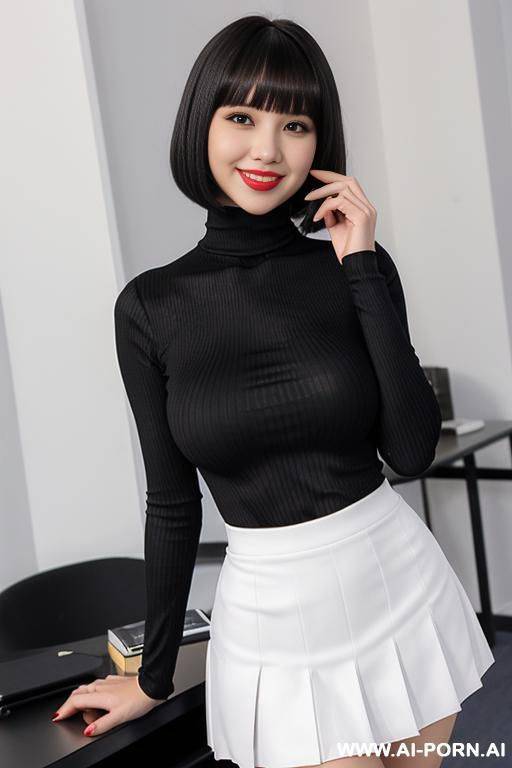 satin, (ribbed red turtleneck) (pleated white microskirt) ((hourglass figure)) - #main