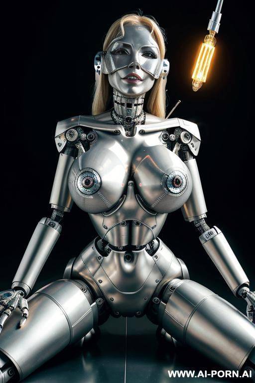 damaged blonde robot, lying on the floor, masturbating furiously with a glass dildo, naked, (huge fake tits:1.3), fit body, ultra-high stripper platform stilettos, (left half face human, right half - #main
