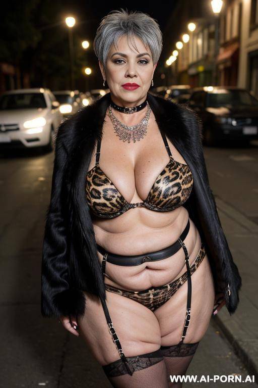 latina, fat old milf, animal print hooker outfit, huge saggy boobs, necklace, choker, elries, street night, waist shot - #main