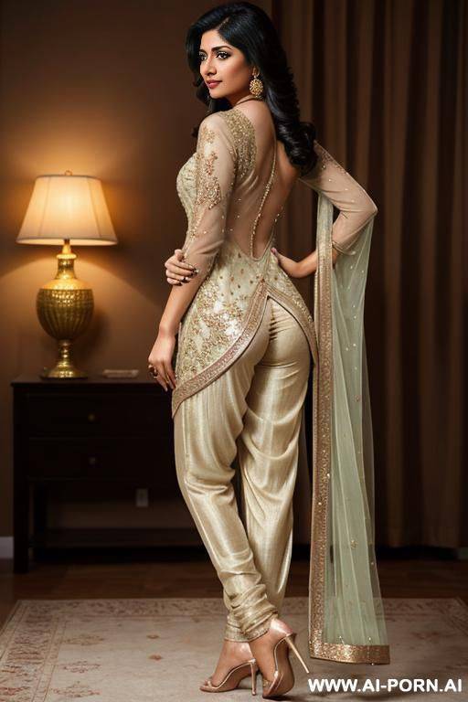 desi woman in sal kameez and sal down upto ankle and ass and hairy pussy flash, back pose standing - #main
