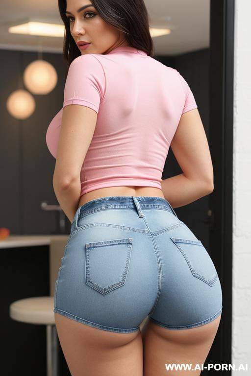 tight denim shorts, tight pink shirt, bending over . - #main