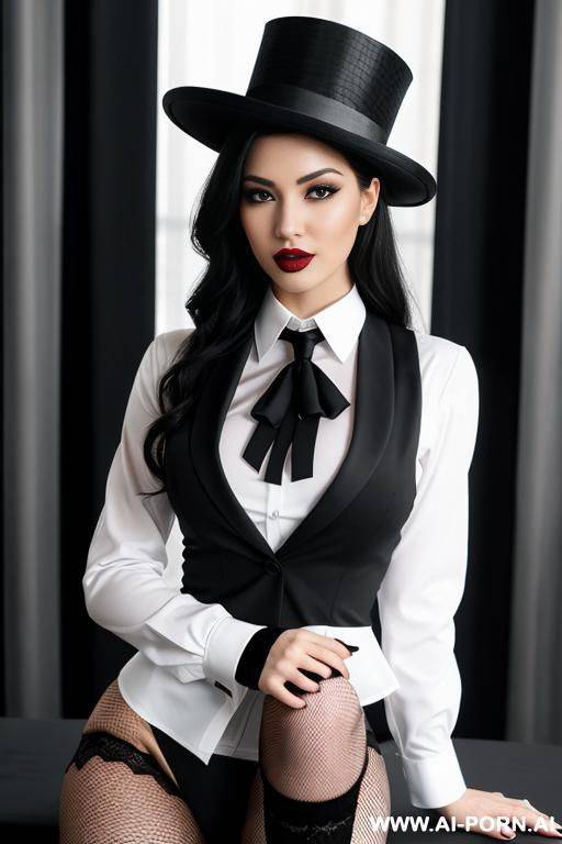 cute woman wearing a fishnet stockings black underwear, white shirt and black suit and tie with a black top hat - #main