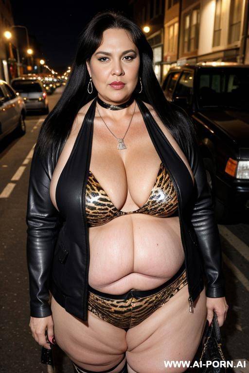 fat old milf, animal print hooker outfit, huge saggy boobs, long straight hair, crop jacket, necklace, choker, elries, street night, waist shot - #main
