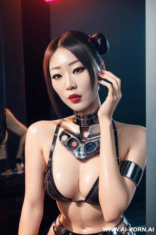 amaged blonde robot, lying on the floor, masturbating furiously with a glass dildo, naked, (huge fake tits:1.3), fit body, ultra-high stripper platform stilettos, left half face human, right half - #main