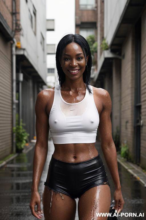 ebony women, soaking wet, oily, hardworking and torn damaged ripped clothes. wrinkled clothes, tattered clothes. oily shiny skin, wet oily women running in the pouring rain. heavy rain fall. - #main