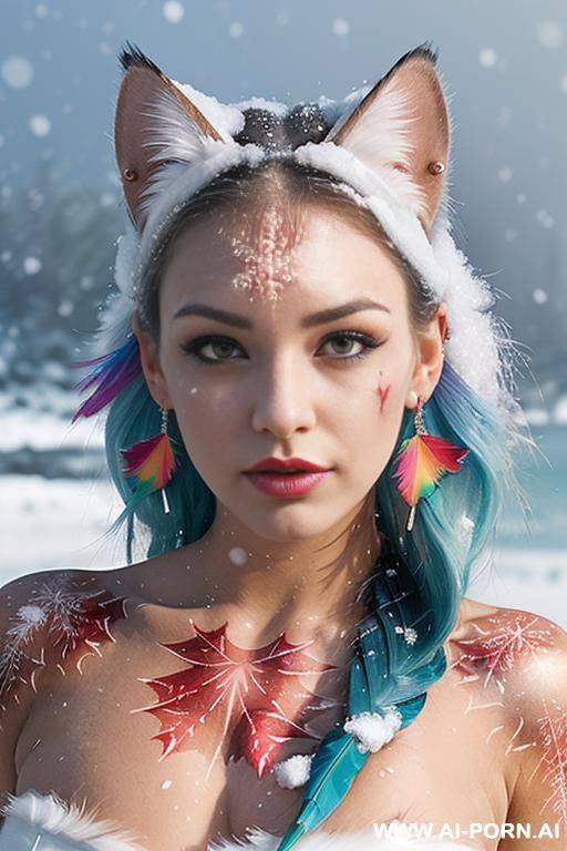 face, sexy, beautiful, ((face painting)), ((bikini as seashell)), ((tattoo roses)), ((eyes shw)), ((angel wings)), ((rainbow hair)), ((long bu hair)), ((wind)), (( cat face)), (( cat ears)), (((feather - #main
