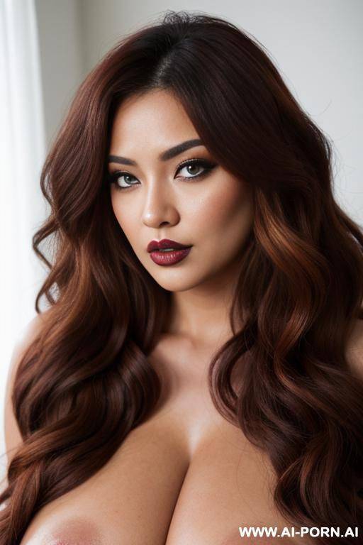 ((asian)) chubby (huge boobs), bs lips, botox lips, ((expressive eyes)), wide dark lips, (colorful makeup), very long fluffy curly hair - #main
