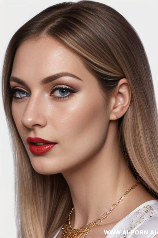 french woman 25 years old, long hair, blonde, blue eyes, purple eyeshw, long eyelashes, close-up face in profile, white top, round face, red lips, mouth slightly open, gold necklace - #main