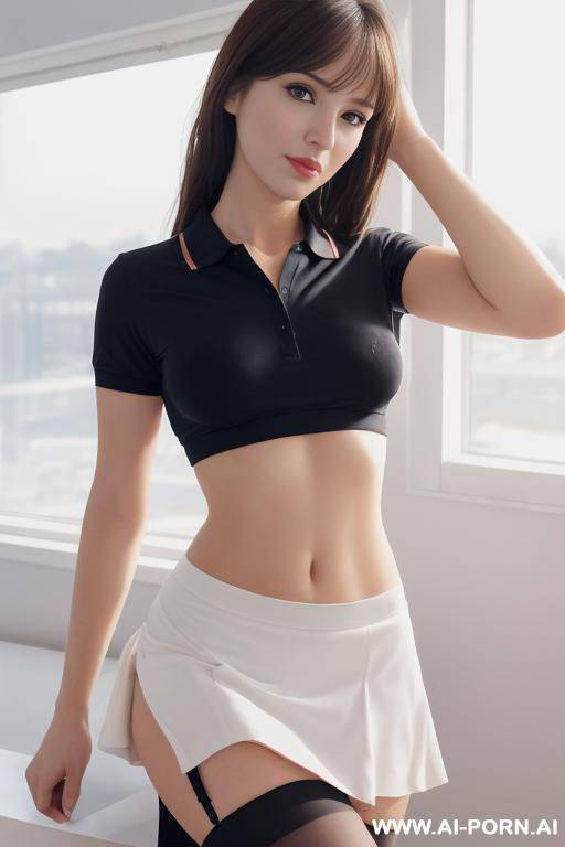 full body view , woman,. silk tide short skirt , half opened short t-shirt ,show nipples through clothes, tits size 2. full body view, no bra, show tits, white stockings - #main