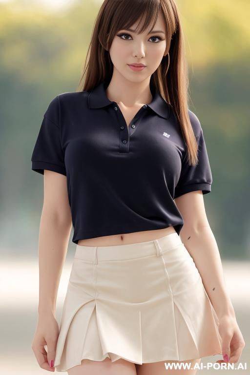 woman,. silk tide short skirt , half opened short t-shirt ,show nipples through clothes, tits size 2. full body view, no bra, show tits, white stockings - #main