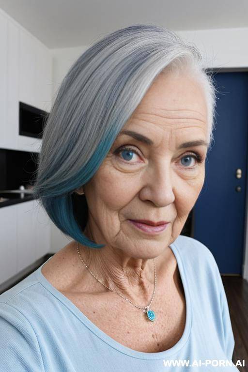 genera a una anciana de 0 años de pelo gris con un cuerpo sexy y perfecto apunto de quitansode su calzon interior de color azul metálico brillante - #main