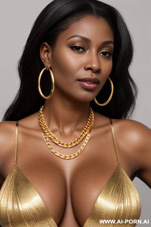 big tits ebony milf, long straight haïr, golden hoop earrings, big thick gold chain multiple necklaces, completely naked - #main