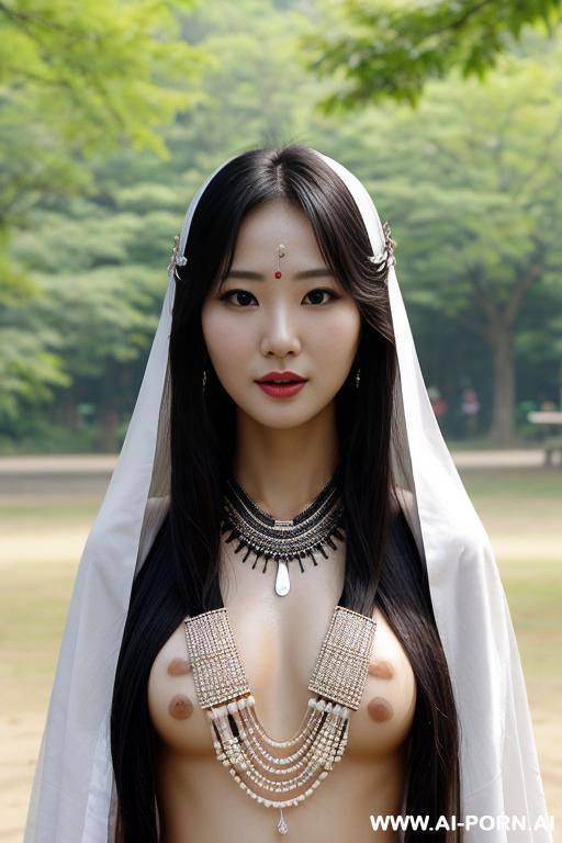 sexy woman with medium size boob with tear drop shape, white skin and long hair. wearing necklace, tribal costume. - #main