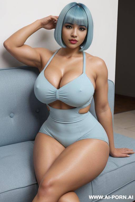 bob with bangs haircut, light blue hair, beautiful atractive hispanic woman, huge bulked up thighs, gigantic thighs, strong legs, lewd face expression - #main