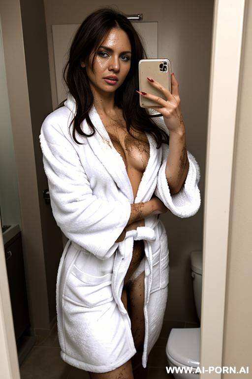(hairy armpits), very hairy pussy ((really hairy)) (((hairy more ever))) ((thick long hair on pussy)), (((super dirty body, extreme dirty, dirty face))), (extreme hairy) (((woman wearing an white bathrobe))) - #main