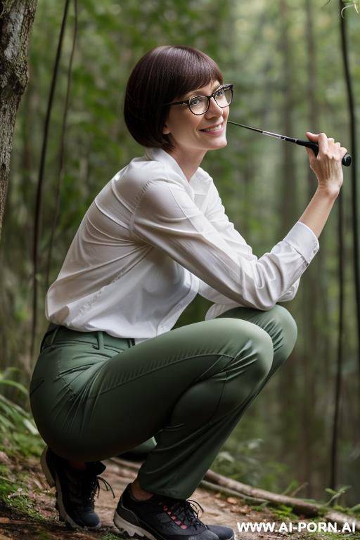french woman , bobcut, glasses, squatting on underbrush, hiking clothes, pants, side-view - #main