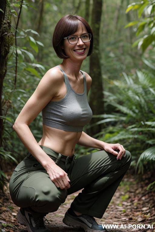 french hiker, bobcut, glasses, squatting in underbrush, pants, side-view - #main