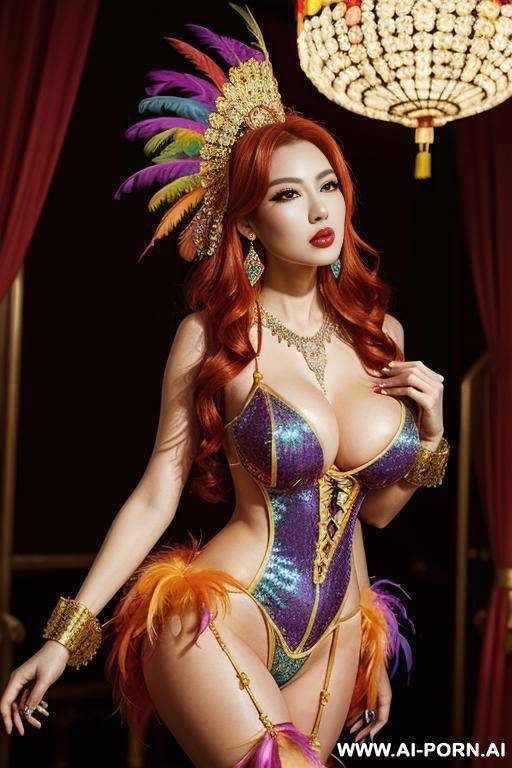 chinese, rainbow feather studed bright diamond transparent corset，feather tutu skirt， mesh robe， rainbow sequin bra ,necklace，rainbow large pointed thigh-high boots - #main