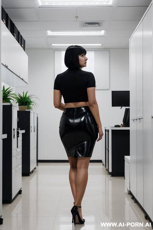 mexican woman, bangs, big booty, big ass, fat ass, wide hips, sexy heels, sexy office outfit, short pencil skirt, tight, female boss, sexy crop-top, from behind - #main