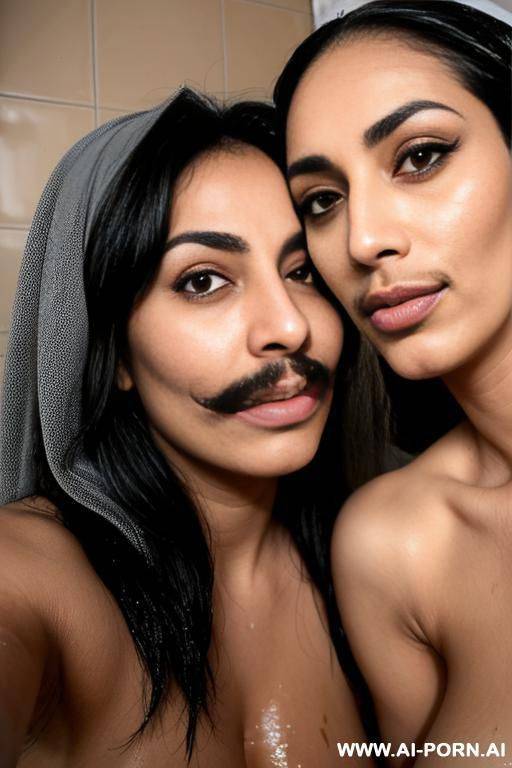 two lesbian milfs with a mustache wearing only a hijab with hairy pussy and hairy armpits taking a shower together - #main