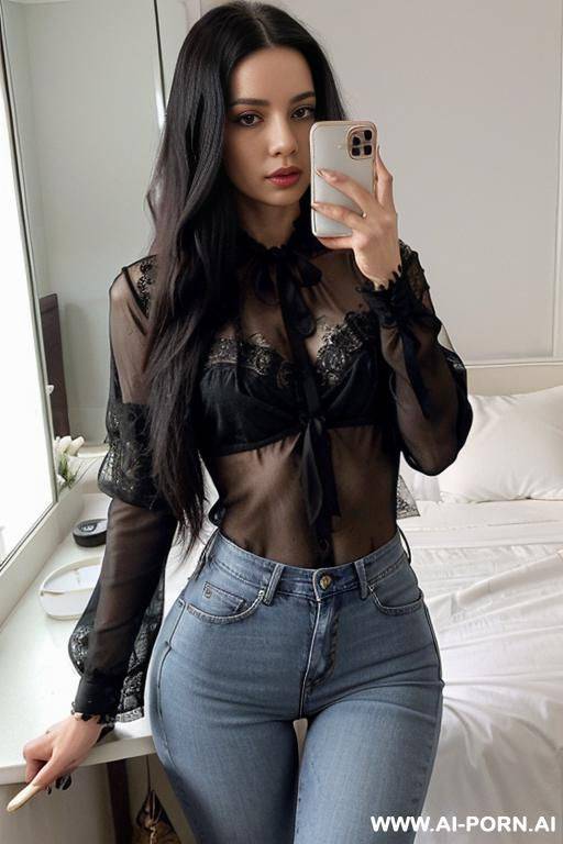woman narrow hips long hair black lace blouse jeans selfie photo in the mirror - #main