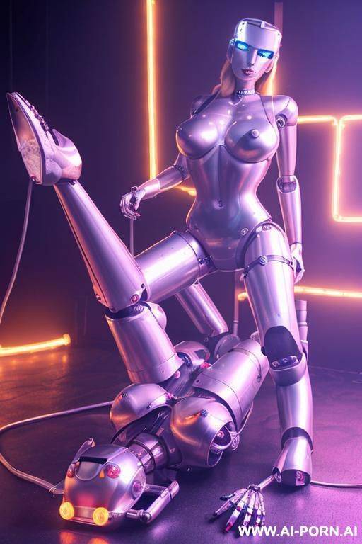 damaged robot spy, lying on the floor, curly blonde hair, (huge fake tits:1.3), fit body, naked, choker, ultra-high stripper platform stilettos, (burnt skin in chest exposing silver robotic parts and blinking diodes:1.3) - #main