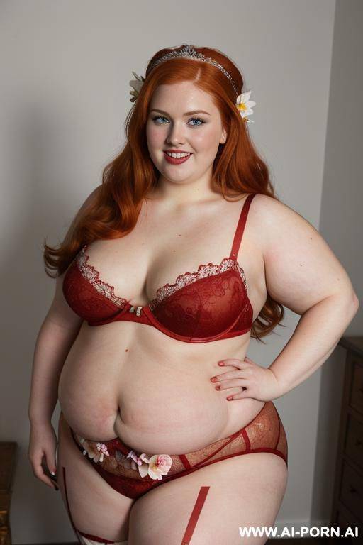half-length photo, ((half body photo shot close up)). as a set in the laundry area, a (((very bbw obese))) fat chubby fat thick and bbw redhead british, ((she is modeling)). she has - #main