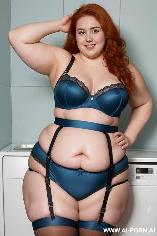half-length photo, ((half body photo shot)) as a set in the laundry area, a fat (((very obese and thick))) chubby fat thick and bbw redhead british, she is washing clothes and is soaked in - #main