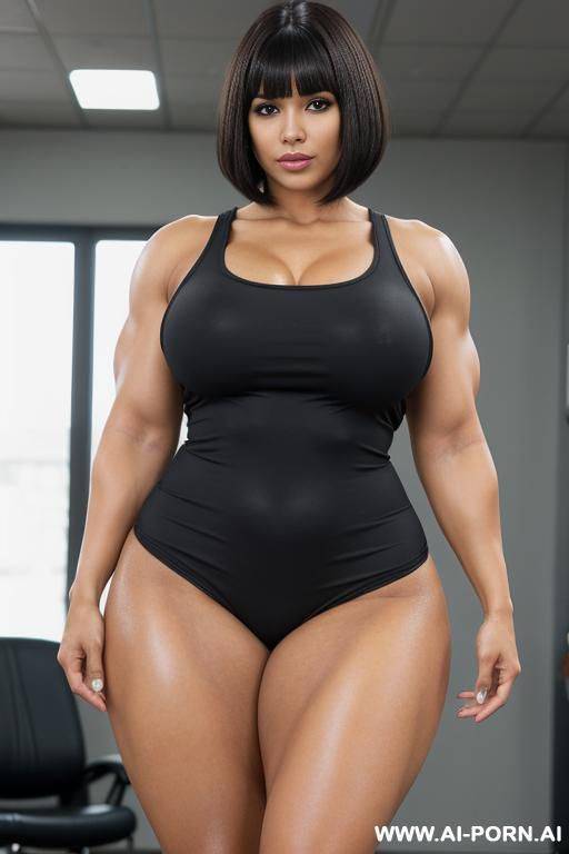 bob with bangs haircut, hoary hair, beautiful atractive hispanic woman, huge bulked up thighs, gigantic thighs, strong legs, massive thighs - #main