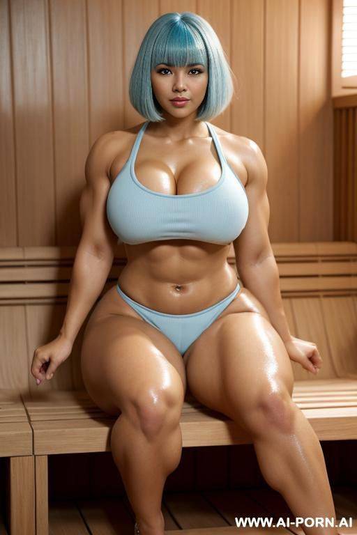 bob with bangs haircut, light blue hair, beautiful atractive hispanic woman, huge bulked up thighs, gigantic thighs, strong legs - #main